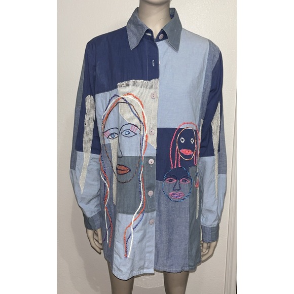 Spirit by Sandy Starkman Tops - VTG Spirit by Sandy Starkman Blue Block Pattern Shirt Wearable Art Faces Sz Med